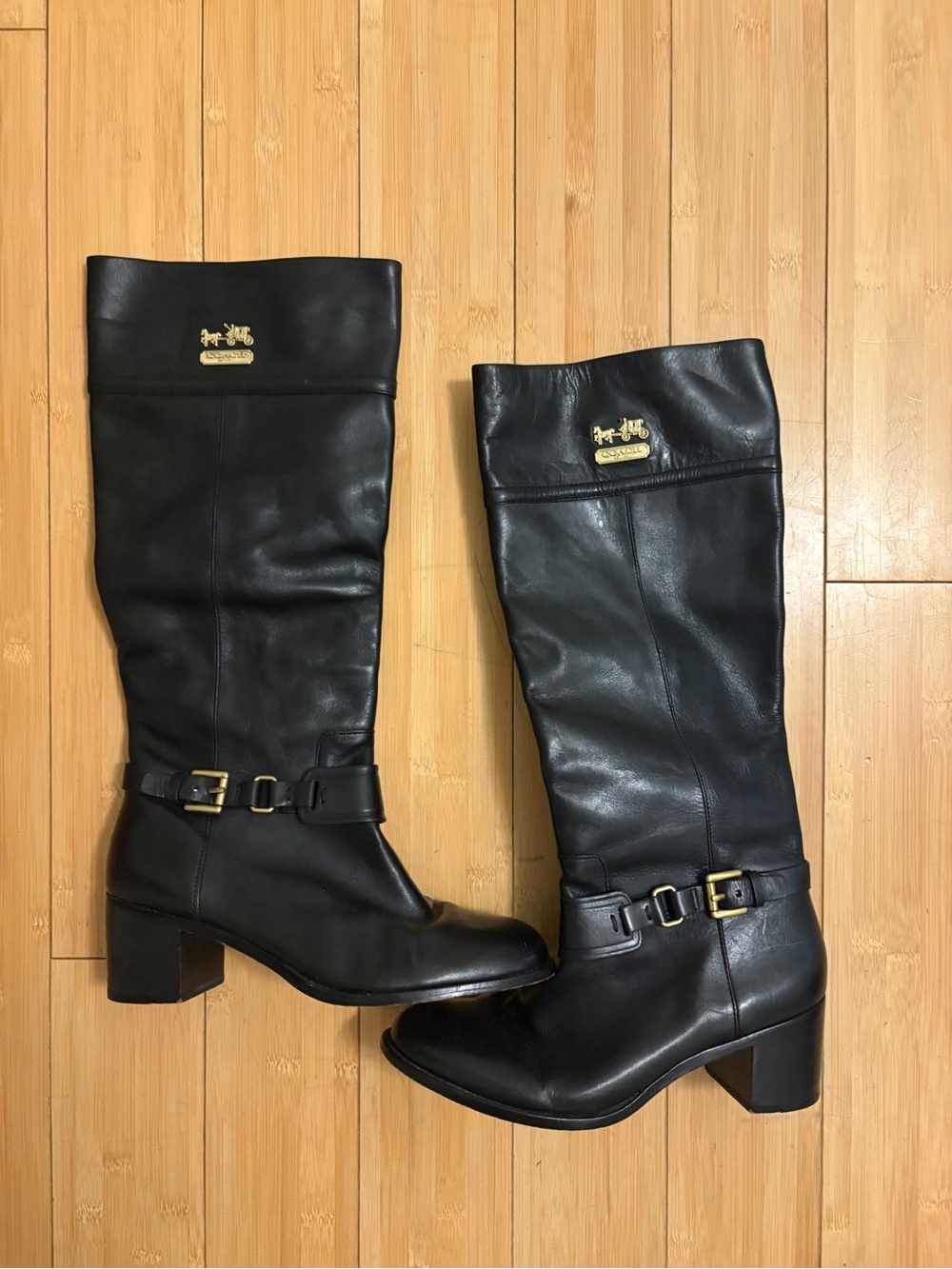 Coach Black Leather Sapphire Calf Boots with Gold Hardware, Size 8